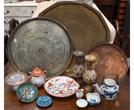 Chinese enamel bowl and saucer to/w a quantity of ceramics and Middle Eastern brassware