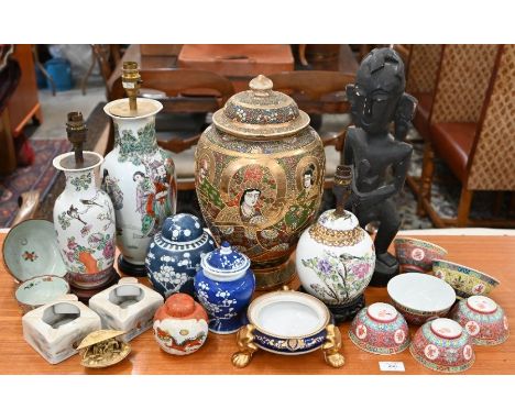 A box of decorative Chinese and Japanese including three famille rose/polychrome vases mounted as lamps, large Satsuma style 