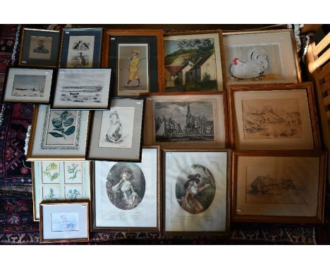 Box of mixed pictures including pencil sketch of seated cat, Victorian engravings, etchings, golfing print, pastel of buildin