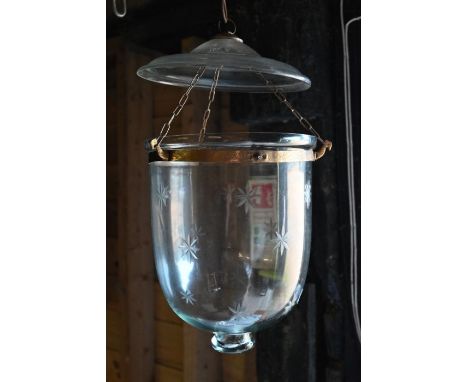 A pair of vintage starburst cut glass hundi style pendant light shades with engraved brass collars, dome height 29 cm x dia. 