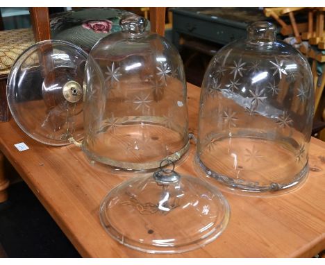 A pair of vintage starburst cut glass hundi style pendant light shades with engraved brass collars, dome height 29 cm x dia. 
