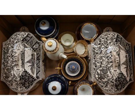 A pair of Victorian pottery tureens, printed in brown with Canterbury pattern, to/w a Royal Doulton coffee pot with matching 