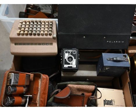 Bell Punch Co Plus calculator to/w an Engsign E29 blue box camera, Toe Rec 8 dictating machine, cased Polaroid 230 with acces