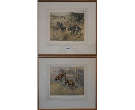 After Henry Wilkinson - Two ltd ed colour etchings of spaniels at scent, pencil signed, 25 x 30 cm (2)
