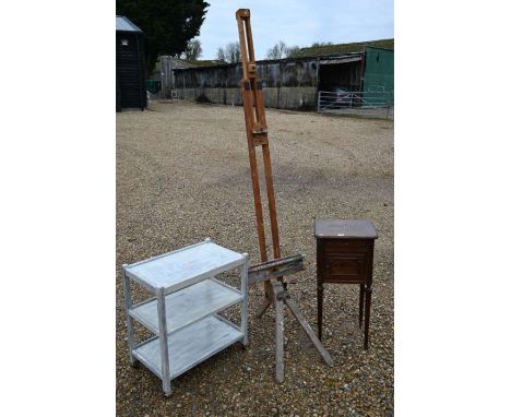 A French carved oak bedside cabinet on turned supports, 40 cm w x 36 cm d x 84 cm h to/w a Windsor &amp; Newton vintage beech