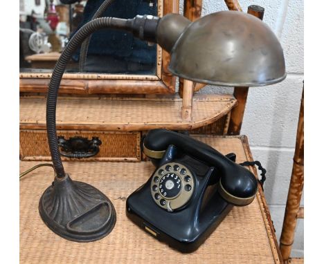 A Danish 'Kristian Kirks Telefonfabriker' bakelite telephone to/w a vintage copper and iron adjustable desk lamp (2)&nbsp;