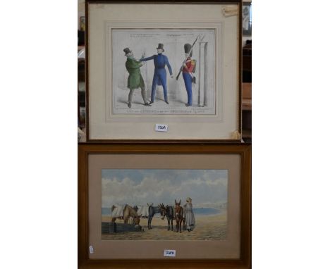 Two prints - 'The late attempt to get into Buckingham Palace', a Fores's hand-coloured print, 27 x 33 cm to/w print of seasid