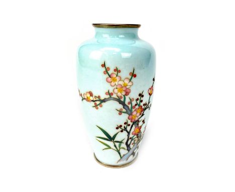 20TH CENTURY JAPANESE CLOISONNE ENAMEL VASE, of baluster form, decorated with prunus and bamboo shoots, with silver rim, the 