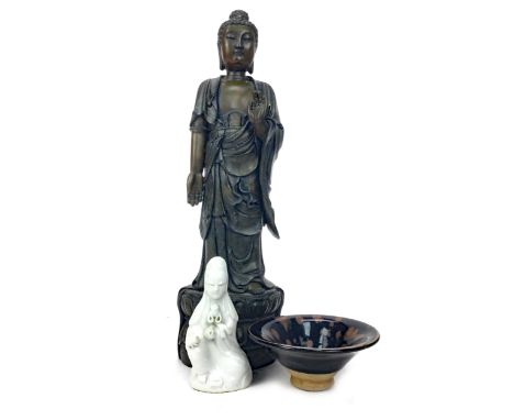 CHINESE CIRCULAR BOWL, of tapering circular, in black and brown glaze, 13.5cm diameter, along with a blanc de chine Buddha, 2