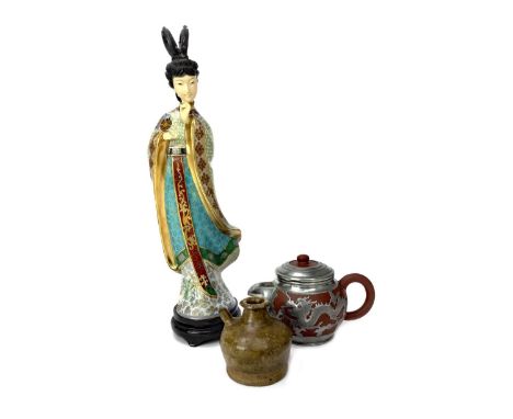 20TH CENTURY CHINESE CLOISONNE FIGURE, the female modelled standing and in colourful robes, 39cm high, along with a Chinese Y