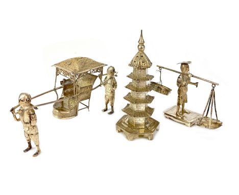 CHINESE SILVER PEPPER POT, modelled in the form of a pagoda, marked to base SW?, 8.5cm high, along with a Chinese silver mode