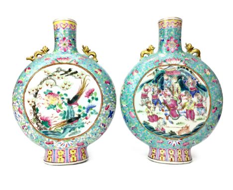 PAIR OF EARLY 20TH CENTURY CHINESE MOON FLASK VASES, each painted to one side with figures in landscape and to the other side