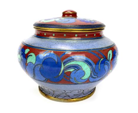 20TH CENTURY CHINESE CLOISONNE LIDDED JAR, of squat circular form, decorated with stylised foliate designs in shades of blue,