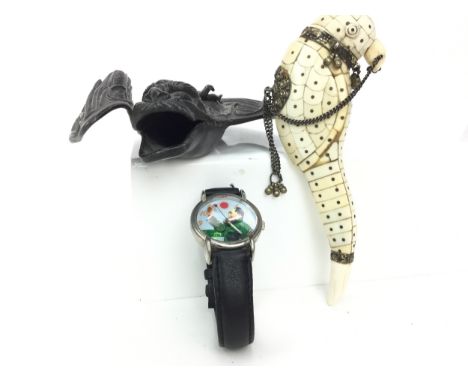 CHINESE BRONZED METAL STYLISED BAT, 15.5cm long, along with an Eastern bone model of a bird and a 20th century Chinese watch 