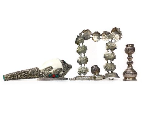 INDIAN WHITE METAL BELT, formed with shield panels embossed with figures and trees, 63cm long, along with a white metal mount