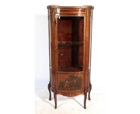 A Mahogany and Gilt Metal Mounted Vernis Martin Style Vitrine, circa 1900, with three-quarter pierced gallery above a glazed 