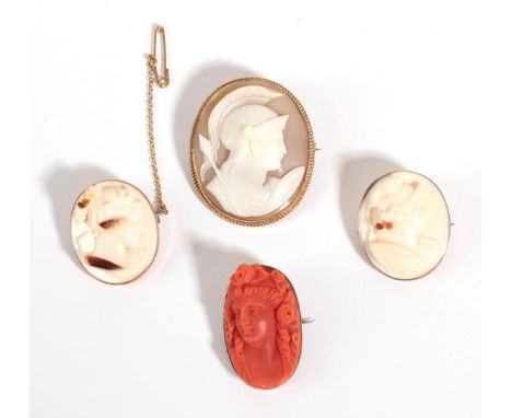 Four Cameo Brooches, including; one depicting Ares, one of Diana the Huntress, and another of Athena, and one coral cameo bro