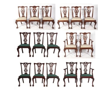 ~ A Set of Eight Carved Hardwood Chippendale Revival Dining Chairs, modern, including two carvers, the carved splats above gr