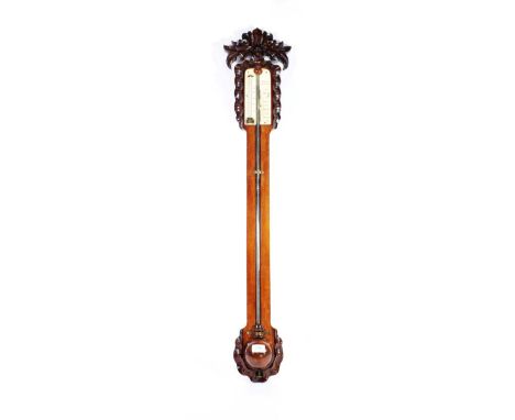 A Mahogany Stick Barometer, signed G.Heselton, Bridlington, circa 1870, carved shell and leaf decorated pediment and borders,