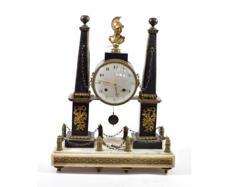 A French Empire Black Slate and Marble Striking Mantel Clock, obelisk portico case with a central bust, chain linked marble b