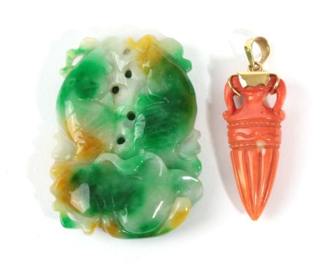 A Coral Pendant, the drop carved as an urn, the mount with French control marks, drop length 4.8cm; and A Jade Plaque, depict