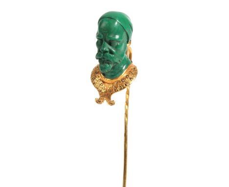 A Malachite Stick Pin, the malachite carved as the head of a bearded gentleman, over a collar.  Good condition, overall. Nose