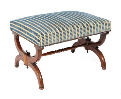 {} A Victorian Walnut Framed Stool, 3rd quarter 19th century, recovered in blue velvet and yellow striped close-nailed fabric