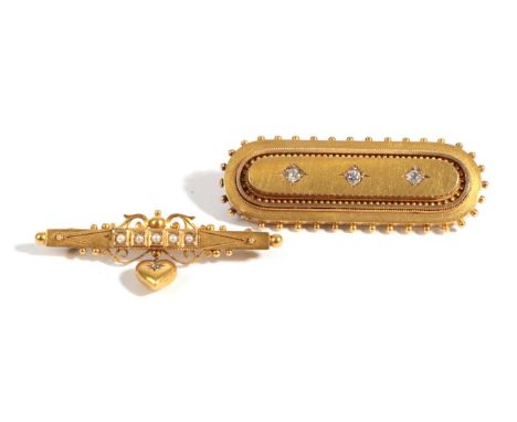 A Victorian Brooch, of oblong form with beaded outer edge and plaited hair encased, length 5cm (a.f.) and A 15 Carat Gold See