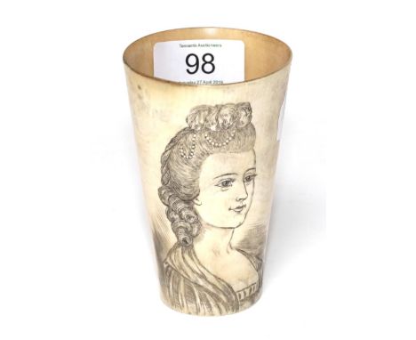 ~ A Horn Beaker, 20th century, incised and coloured with a bust portrait of a lady