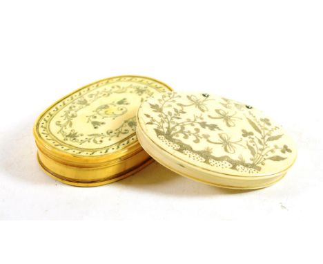 A George III Ivory and Pique Work Snuff Box and Cover, of oval form decorated with bands of stylised foliage, 9.5cm wide; and