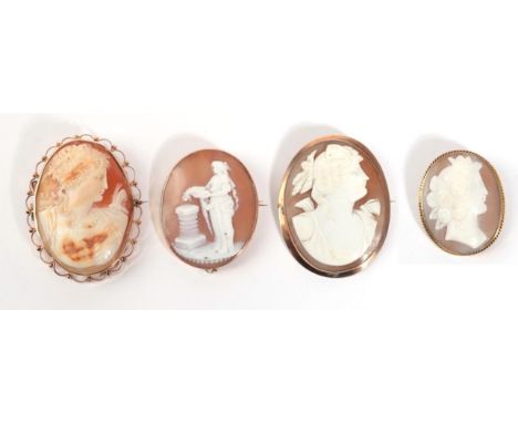 Four Cameo Brooches; one depicting a maiden laying flowers on a pillar, in a simple oval frame, measures 3.8cm by 4.5cm, anot