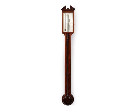 A Mahogany Stick Barometer, signed P.Barine, Fecit, York, early 19th century, broken arched pediment, exposed mercury tube wi