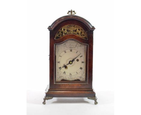 ^ A Mahogany Table Timepiece, signed Sparrow, London, early 19th century, arched pediment with carrying handle, side glass pa