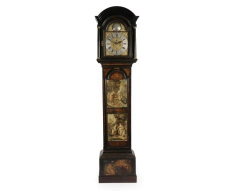 An Ebonised Eight Day Longcase Clock, signed Henry Neve, London, circa 1750, arched pediment, trunk with later applied printe