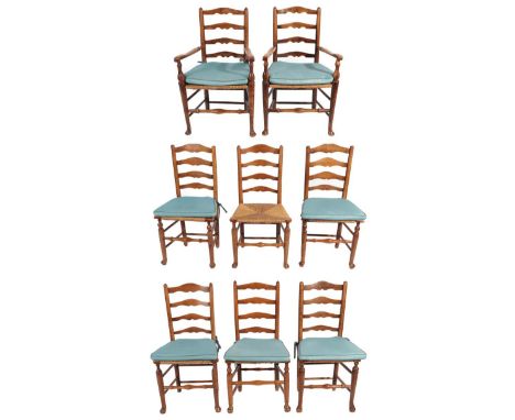 ^ A Harlequin Set of Eight Ash Ladder-Back and Rush-Seated Dining Chairs, mid 19th century, Cheshire region, including two ca
