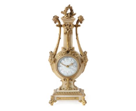 A Marble and Gilt Metal Mounted Lyre Shaped Mantel Timepiece, circa 1900, lyre case with mask and cockerel head mounts, acant