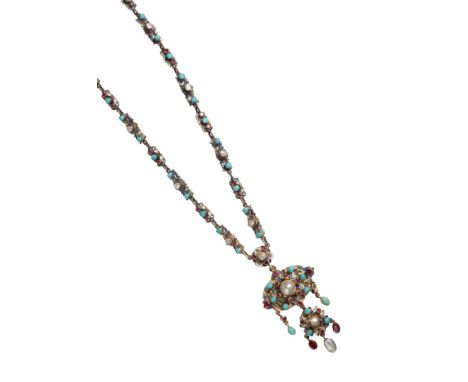 An Austro-Hungarian Necklace and Pendant, set throughout with turquoise, mother-of-pearl and garnet, with blue, green and whi