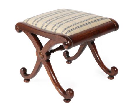 {} A Regency Rosewood Cross-Framed Stool, early 19th century, after a design by Gillows, later recovered in cream and blue st