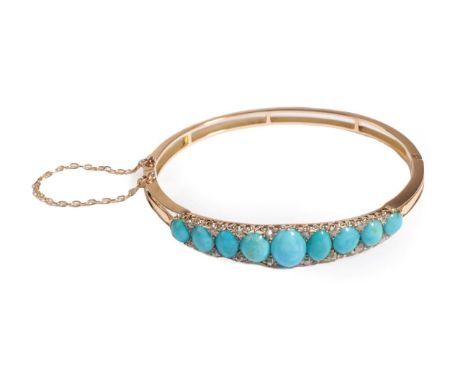 A Victorian Turquoise and Diamond Bangle, graduated oval cabochon turquoise with pairs of rose cut diamonds between, in yello