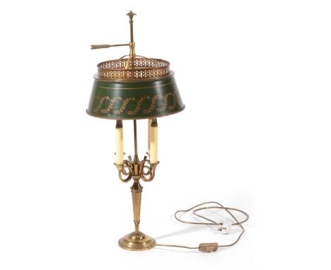 ~ A Brass Table Lamp with Toleware Shade, 63cm; and Two French Napoleonic Style Table Lamps (3)