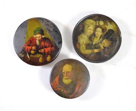 A Papier Mâché Snuff Box and Cover, 19th century, of circular form, painted with two ladies and a boy, 10.5cm diameter; A Sim