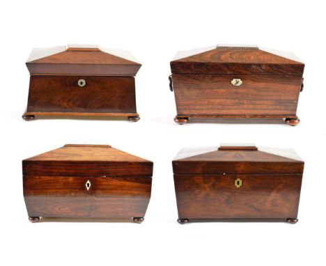 A Regency Rosewood Tea Caddy, of sarcophagus form, containing two lidded compartments and a mixing bowl aperture, on bun feet