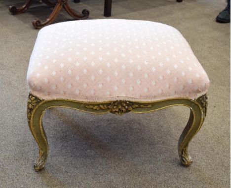 A Late 19th Century French Gilt and Gesso Dressing Stool, with later recovered pink floral overstuffed seat, the flower decor