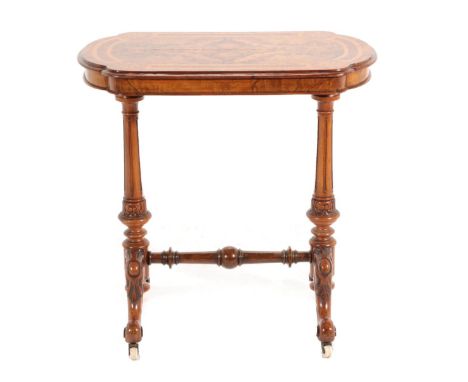 A Victorian Burr Walnut, Crossbanded and Marquetry Inlaid Side Table, 3rd quarter 19th century, the quarter-veneered top with