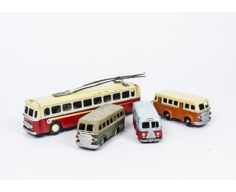 Chinese Tinplate Buses, including tinplate clockwork MS705 Trolleybus, red/cream body, tinplate clockwork Omnibus, red lower 