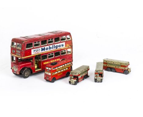 Wells Brimtoy Pocketoy Tinplate Clockwork No.503 Omnibus, three examples, two with lead wheels, one with black plastic wheels