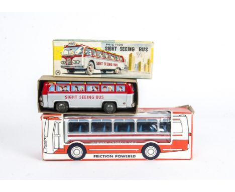 A Nomura (T.N) Japan Tinplate Friction Drive Highway Express Bus, orange/white body, light blue interior, with Maruya Toys ti