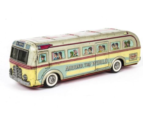 AmarToy India Tinplate 'All India' Touring Coach, large scale friction drive model, detailed tinprinted body, 'Around The Wor