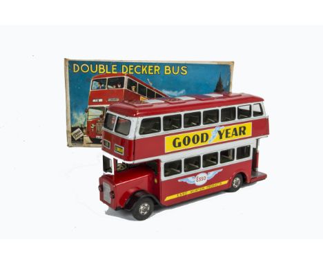 Asakusa/Hayashi Japan For Codeg, large scale tinplate friction drive Double Decker Bus, with 'Good Year', 'Esso', 'Dunlop' an