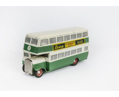 A Rico (Spain) Large Scale Tinplate Friction Drive Double Decker Bus, scarce model in green and white with silhouette style p